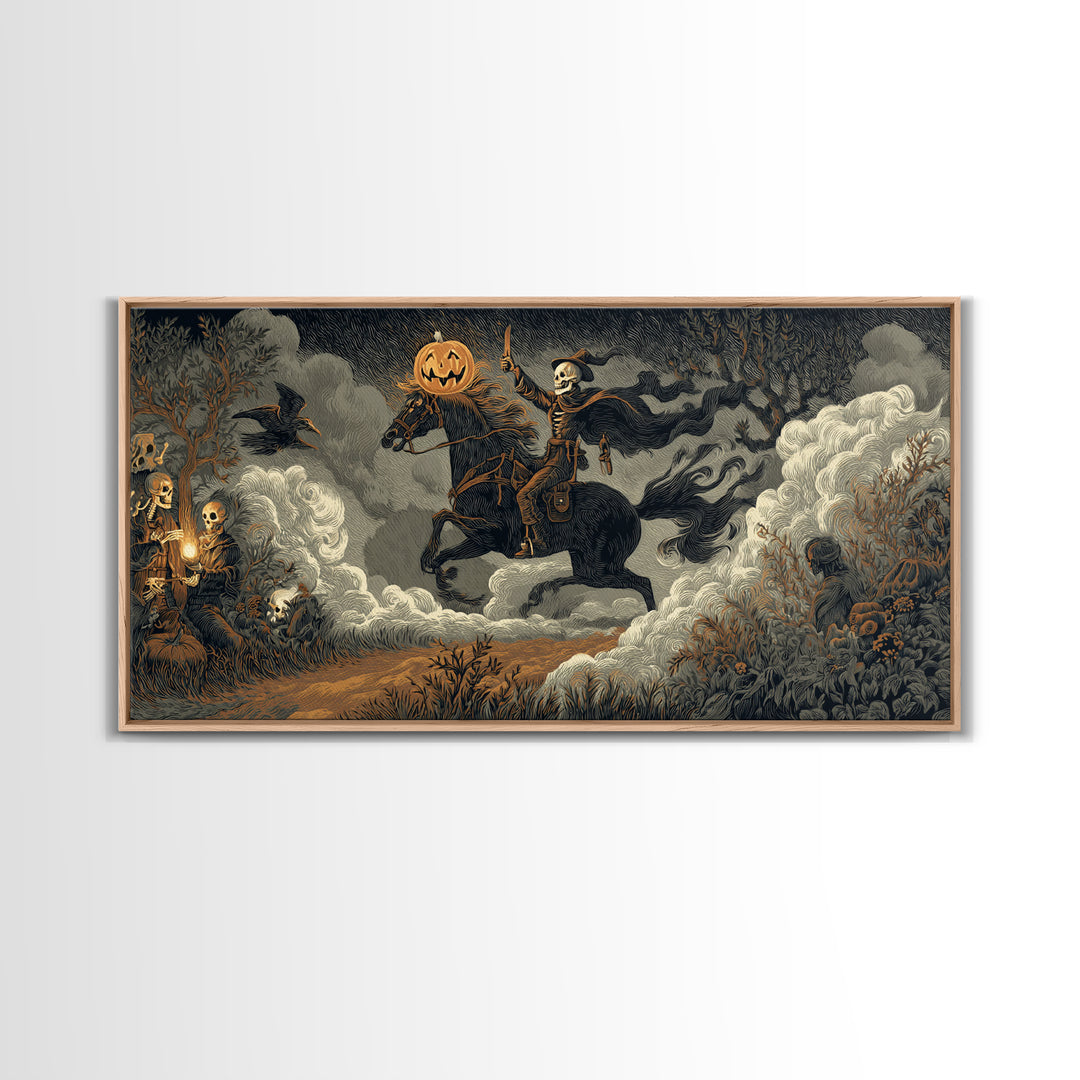 The Headless Horseman, Macabre Folk Print Art, Wide Panoramic Art, Gothic Horror Wall Art, Framed Canvas Print, Macabre Wall Art