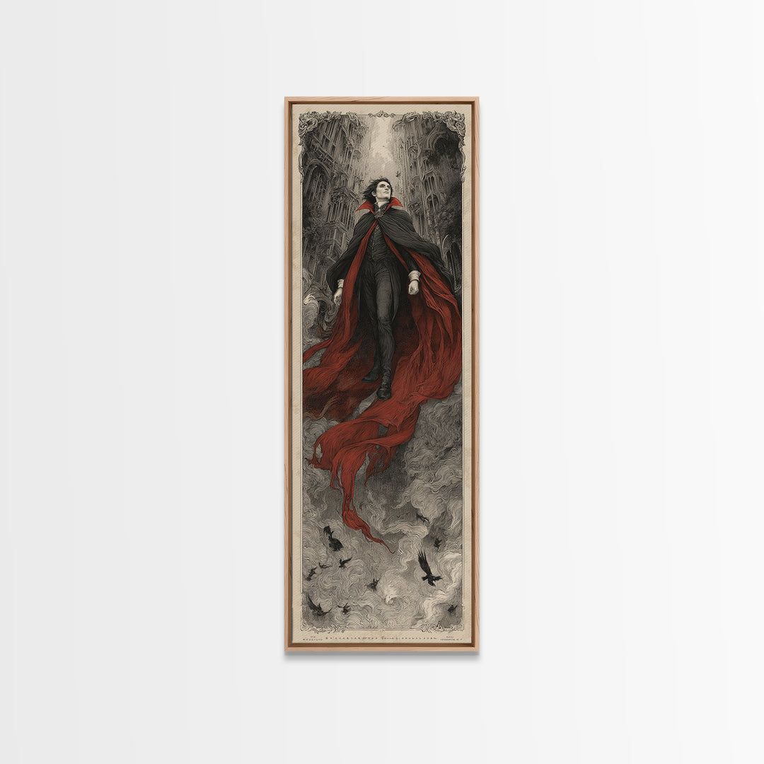 The Crimson Vampire, Gothic Engraving Art, Tall Narrow Wall Art, Dark Halloween Decor, Framed Canvas Print, Halloween Wall Art