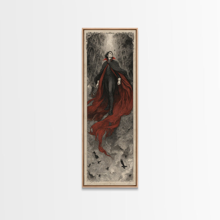 The Crimson Vampire, Gothic Engraving Art, Tall Narrow Wall Art, Dark Halloween Decor, Framed Canvas Print, Halloween Wall Art