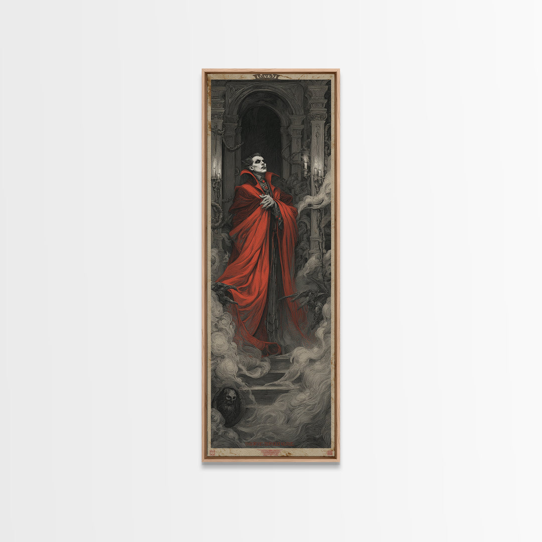 The Crimson Vampire, Architectural Etching Art, Tall Narrow Wall Art, Dark Fantasy Wall Art, Canvas Print, Halloween Wall Art
