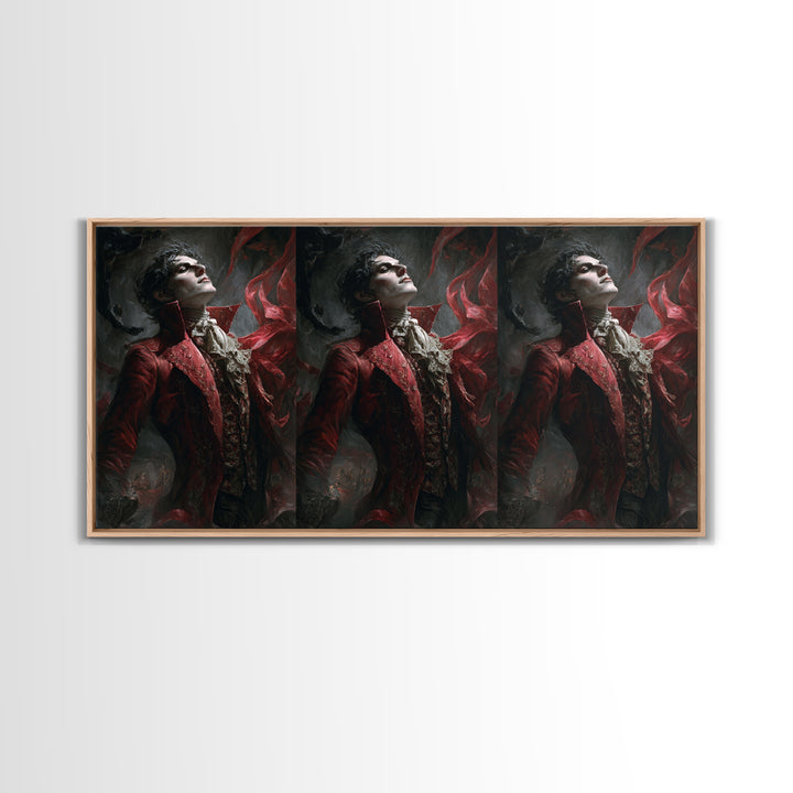 The Crimson Vampire, Apocalyptic Romantic Art, Wide Panoramic Art, Dark Halloween Decor, Framed Canvas Print, Halloween Wall Art
