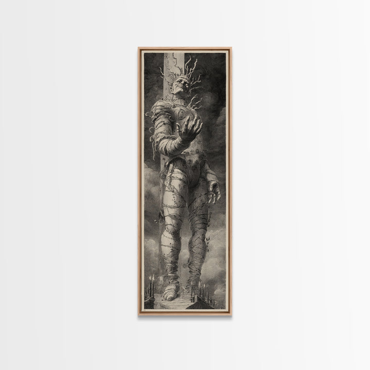 The Stitched Giant, Architectural Etching Art, Tall Narrow Wall Art, Dark Fantasy Wall Art, Framed Canvas Print