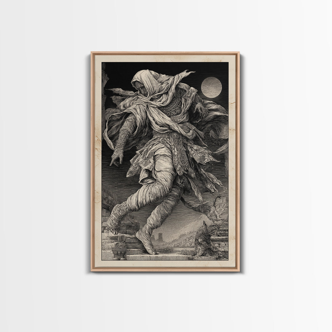 The Mummy Pharaoh, Renaissance Engraving Art, Vertical Wall Art, Dark Fantasy Wall Art, Framed Canvas Print, Halloween Wall Art