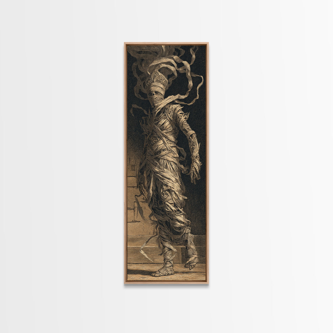 The Mummy Pharaoh, Architectural Etching Art, Tall Narrow Wall Art, Gothic Horror Wall Art, Canvas Print, Halloween Wall Art