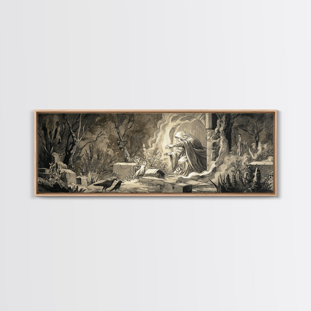 The Graveyard Ghost, Medieval Grotesque Art, Extra Wide Wall Art, Gothic Horror Wall Art, Canvas Print, Halloween Wall Art