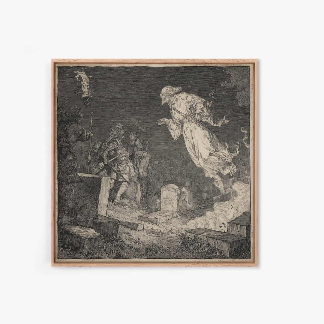 The Graveyard Ghost, Renaissance Engraving Art, Square Wall Art, Gothic Horror Wall Art, Canvas Print, Halloween Wall Art