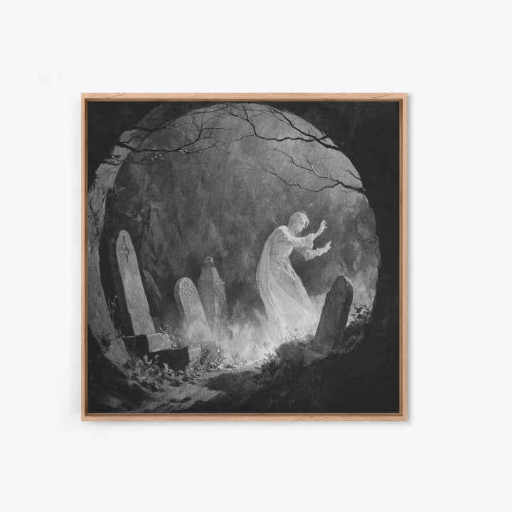 The Graveyard Ghost, Symbolist Dream Art, Square Wall Art, Dark Halloween Decor, Framed Canvas Print, Halloween Wall Art
