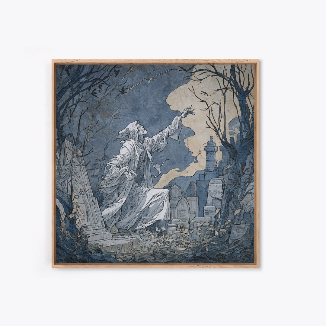 The Graveyard Ghost, Symbolist Etching Art, Square Wall Art, Macabre Wall Art, Framed Canvas Print, Halloween Wall Art, Gothic Home Decor