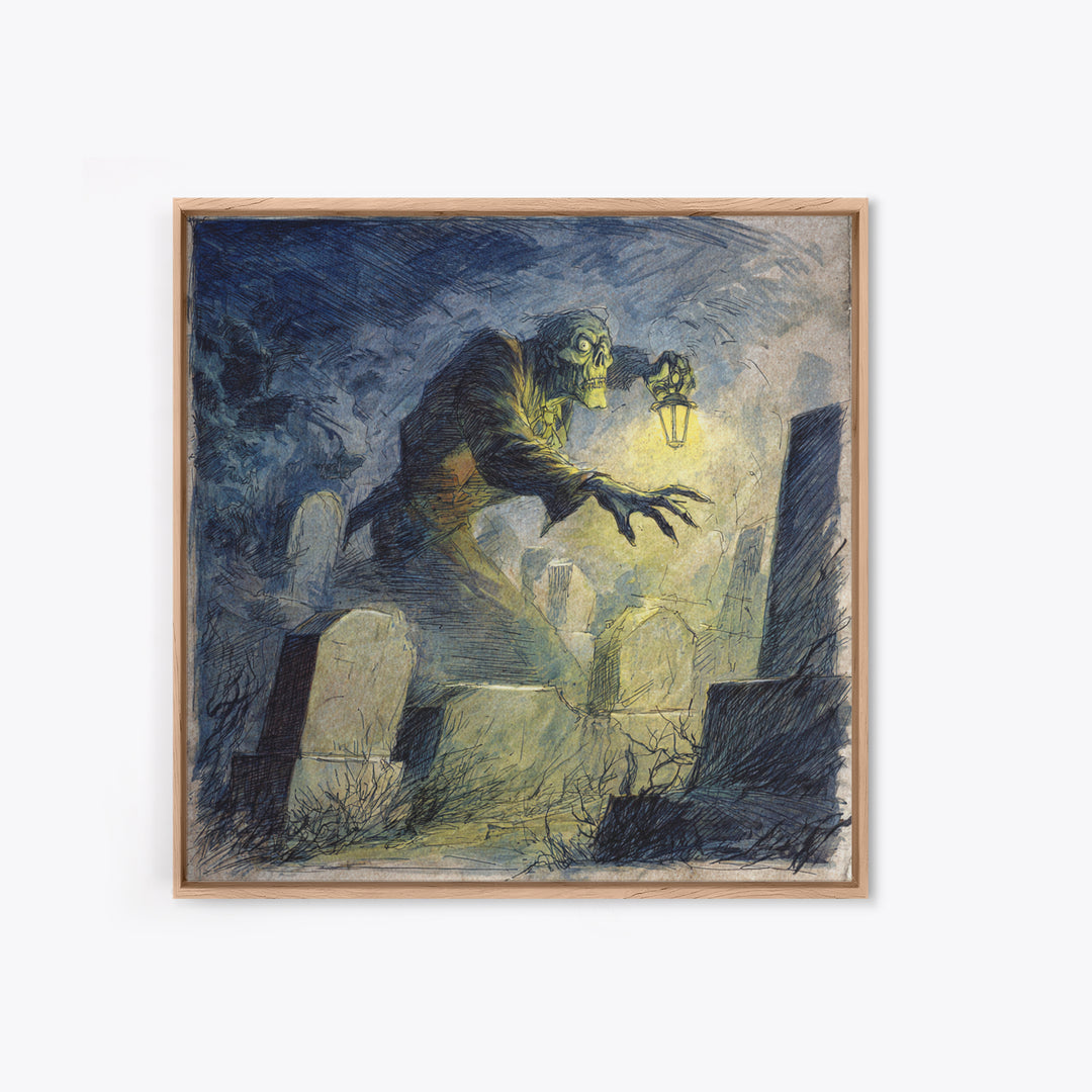 The Graveyard Ghost, Expressionist Nightmare Art, Square Wall Art, Dark Halloween Decor, Framed Canvas Print, Halloween Wall Art