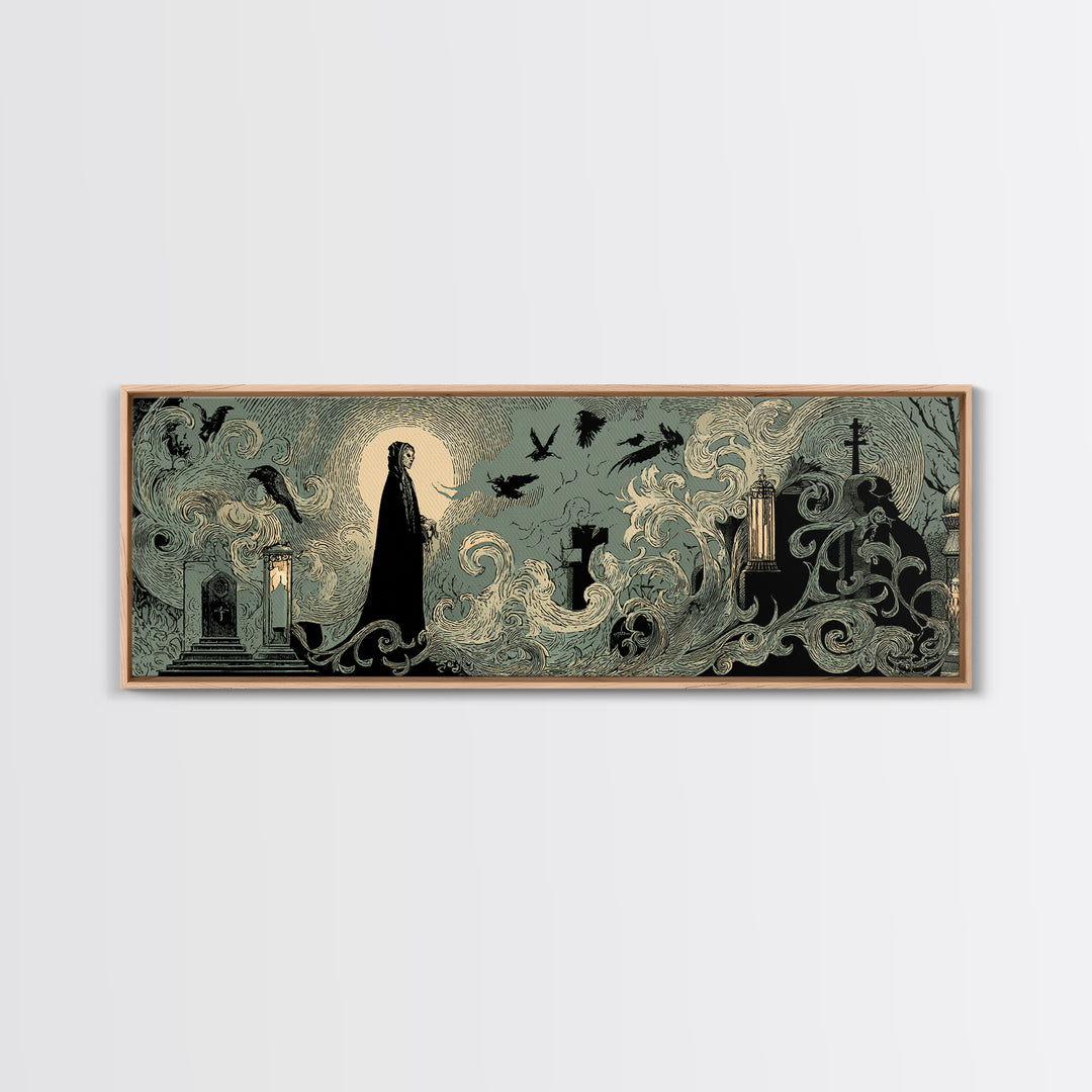 The Graveyard Ghost, Decadent Line Art, Extra Wide Wall Art, Dark Fantasy Wall Art, Framed Canvas Print, Halloween Wall Art