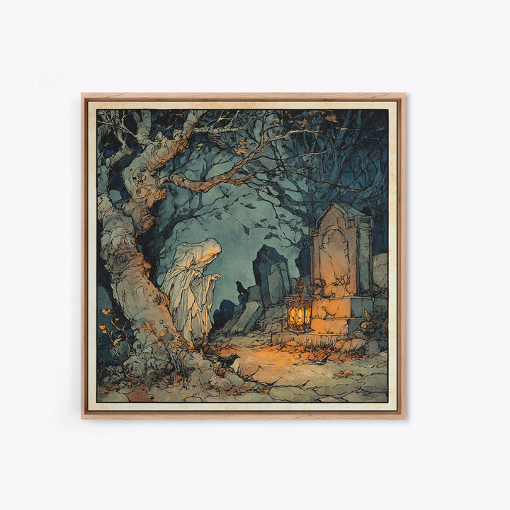 The Graveyard Ghost, Gothic Storybook Art, Square Wall Art, Dark Fantasy Wall Art, Canvas Print, Halloween Wall Art