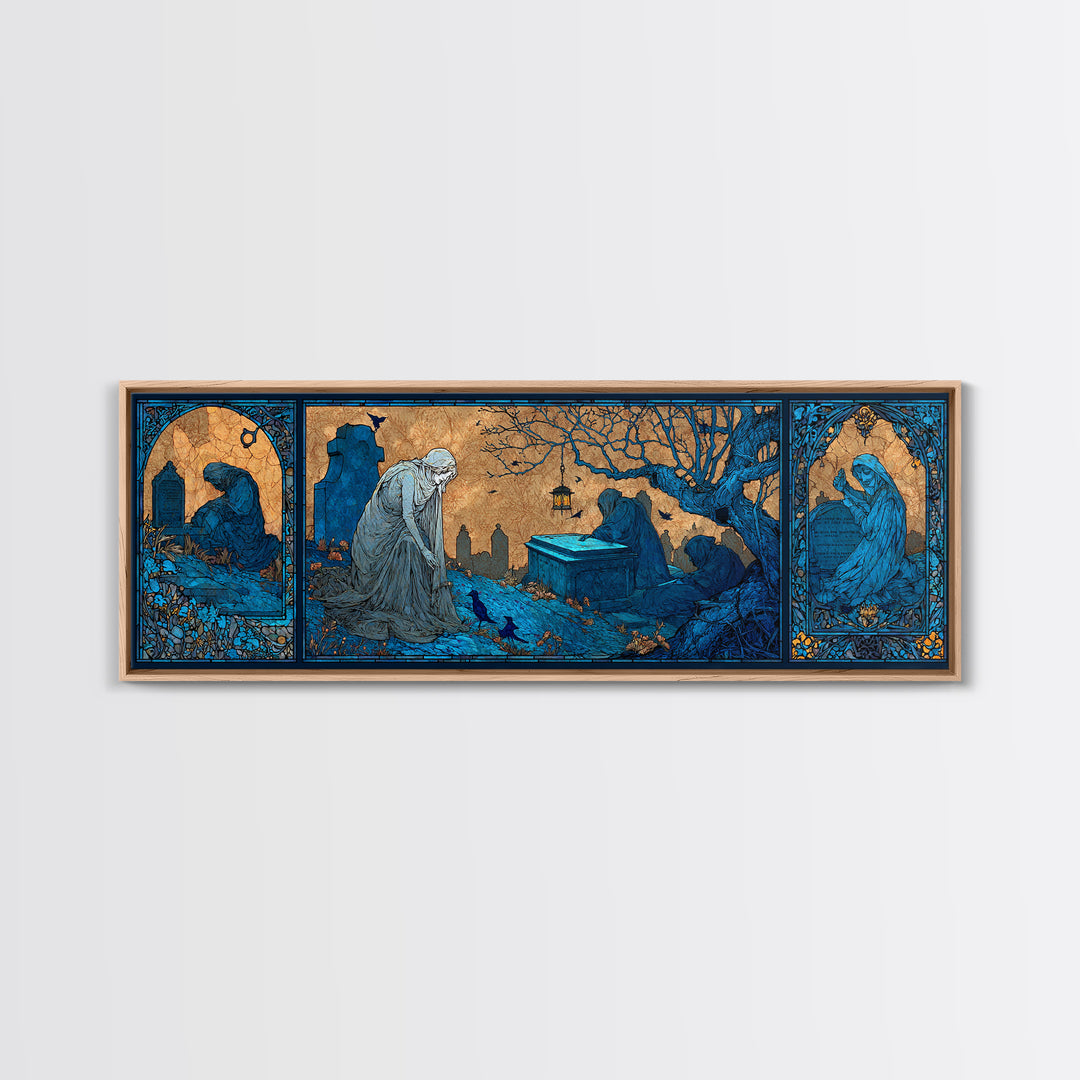The Graveyard Ghost, Stained Glass Gothic Art, Extra Wide Wall Art, Dark Fantasy Wall Art, Canvas Print, Halloween Wall Art