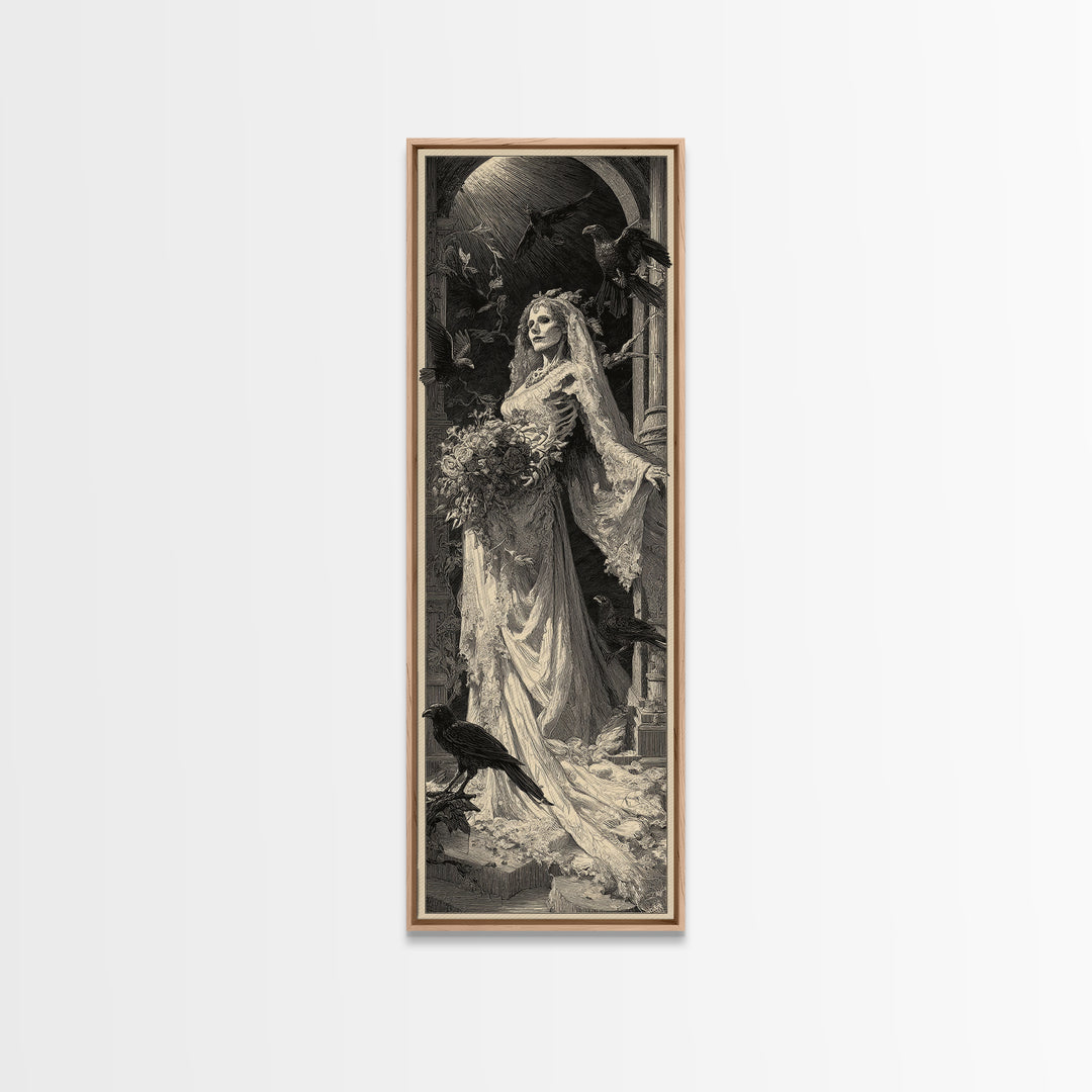 The Skeletal Bride, Gothic Engraving Art, Tall Narrow Wall Art, Gothic Horror Wall Art, Canvas Print, Halloween Wall Art