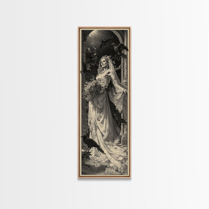 The Skeletal Bride, Gothic Engraving Art, Tall Narrow Wall Art, Gothic Horror Wall Art, Canvas Print, Halloween Wall Art
