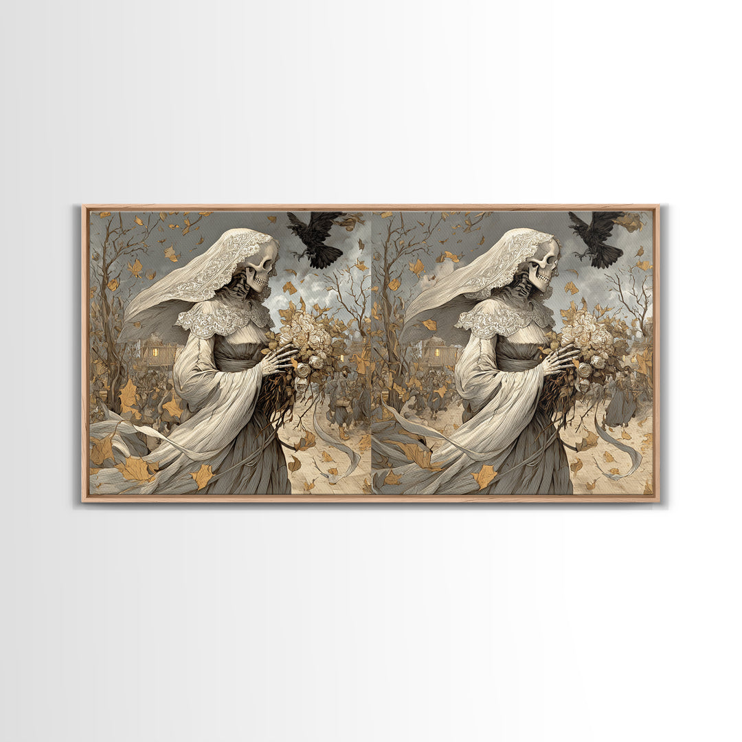 The Skeletal Bride, Northern Renaissance Horror, Wide Panoramic Art, Dark Fantasy Wall Art, Canvas Print, Halloween Wall Art