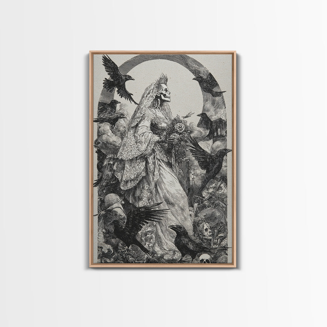 The Skeletal Bride, Renaissance Engraving Art, Vertical Wall Art, Macabre Wall Art, Framed Canvas Print, Halloween Wall Art