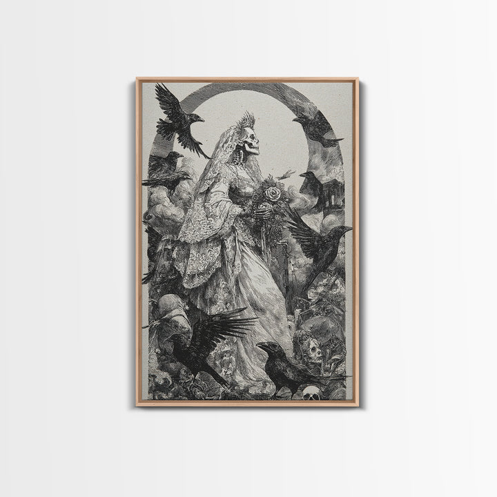 The Skeletal Bride, Renaissance Engraving Art, Vertical Wall Art, Macabre Wall Art, Framed Canvas Print, Halloween Wall Art