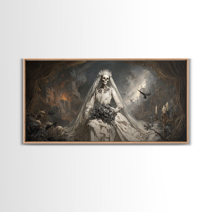 The Skeletal Bride, Apocalyptic Romantic Art, Wide Panoramic Art, Gothic Horror Wall Art, Canvas Print, Halloween Wall Art