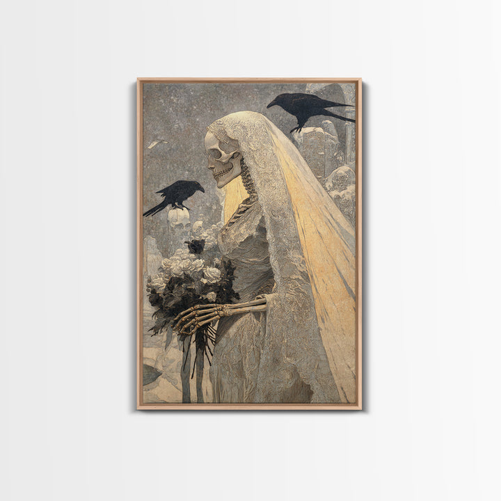 The Skeletal Bride, Symbolist Death Art, Vertical Wall Art, Macabre Wall Art, Framed Canvas Print, Halloween Wall Art
