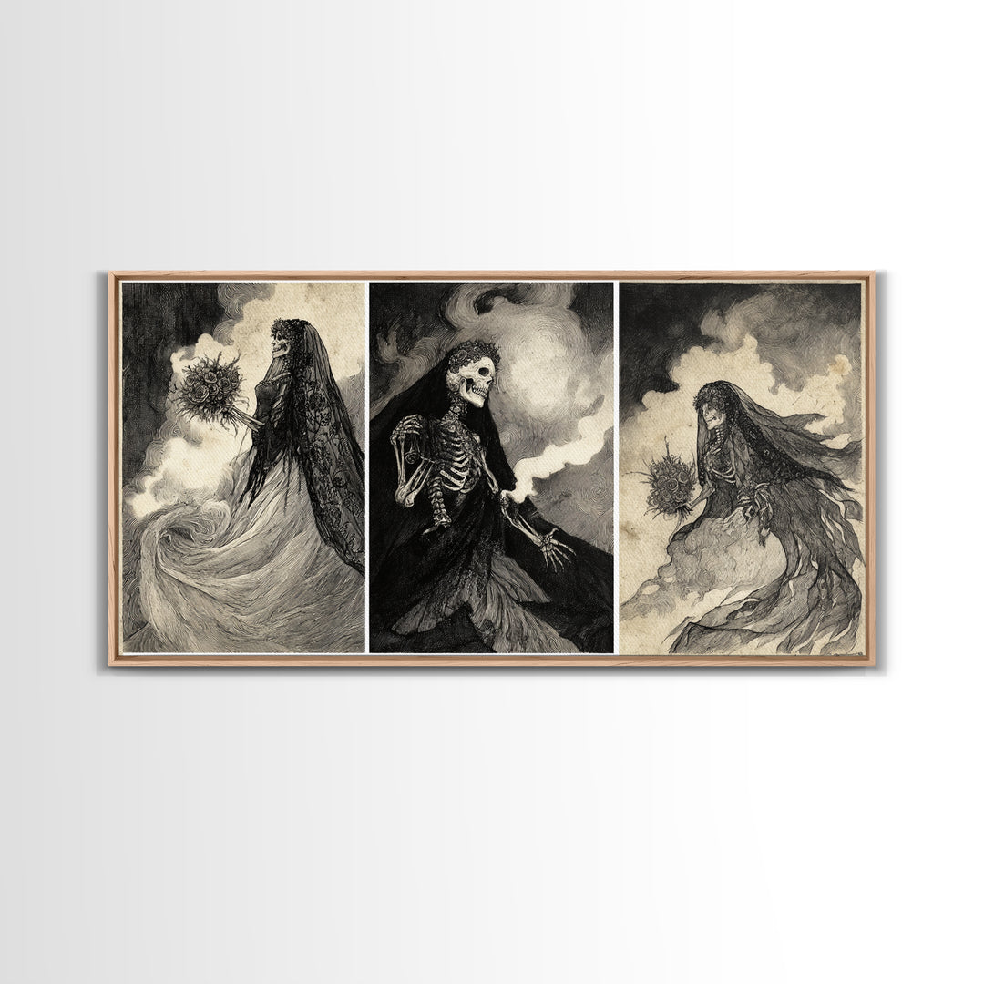 The Skeletal Bride, Expressionist Nightmare Art, Wide Panoramic Art, Dark Fantasy Wall Art, Framed Canvas Print, Halloween Wall Art