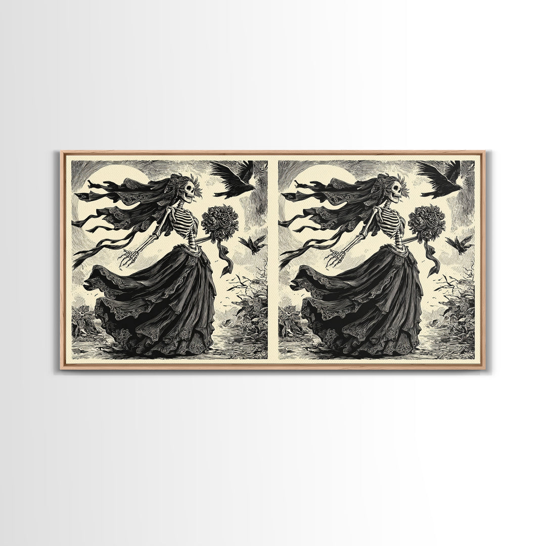 The Skeletal Bride, Macabre Folk Print Art, Wide Panoramic Art, Dark Halloween Decor, Framed Canvas Print, Halloween Wall Art