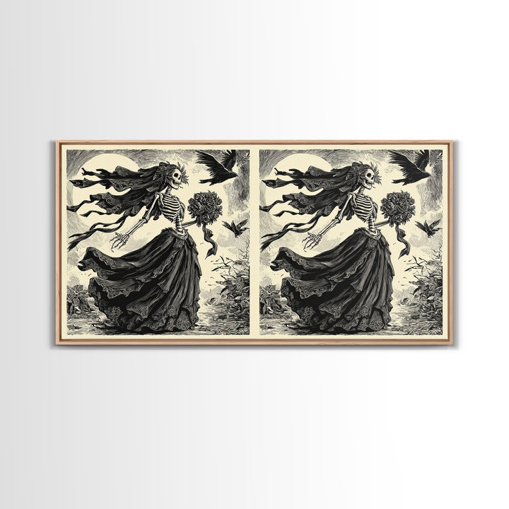 The Skeletal Bride, Macabre Folk Print Art, Wide Panoramic Art, Dark Halloween Decor, Framed Canvas Print, Halloween Wall Art