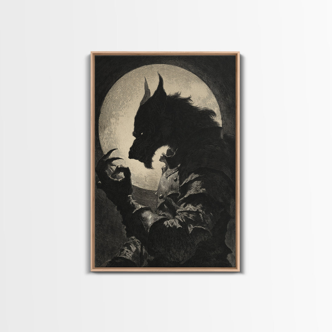 The Moon-Cursed Werewolf, Renaissance Engraving Art, Vertical Wall Art, Macabre Wall Art, Framed Canvas Print, Halloween Wall Art