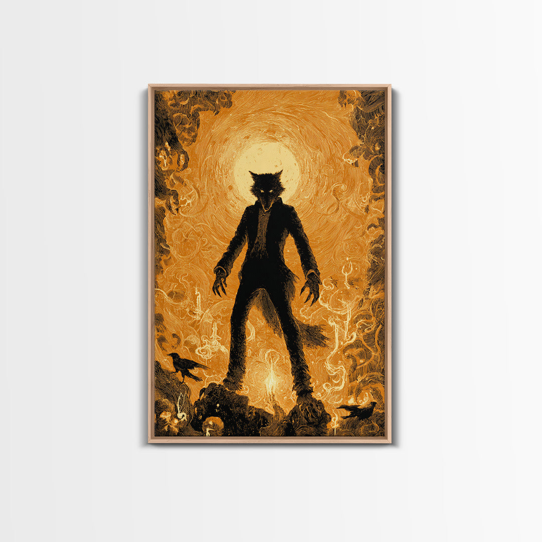 The Moon-Cursed Werewolf, Visionary Gothic Art, Vertical Wall Art, Dark Halloween Decor, Framed Canvas Print, Halloween Wall Art