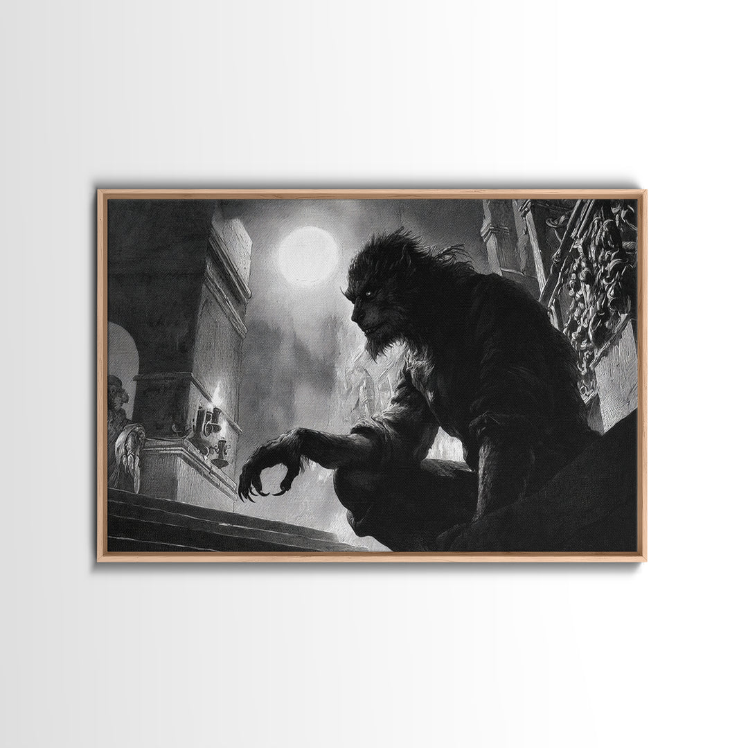 The Moon-Cursed Werewolf, Architectural Etching Art, Landscape Wall Art, Gothic Horror Wall Art, Framed Canvas Print