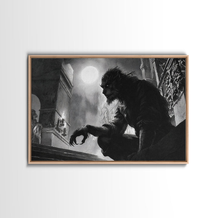 The Moon-Cursed Werewolf, Architectural Etching Art, Landscape Wall Art, Gothic Horror Wall Art, Framed Canvas Print