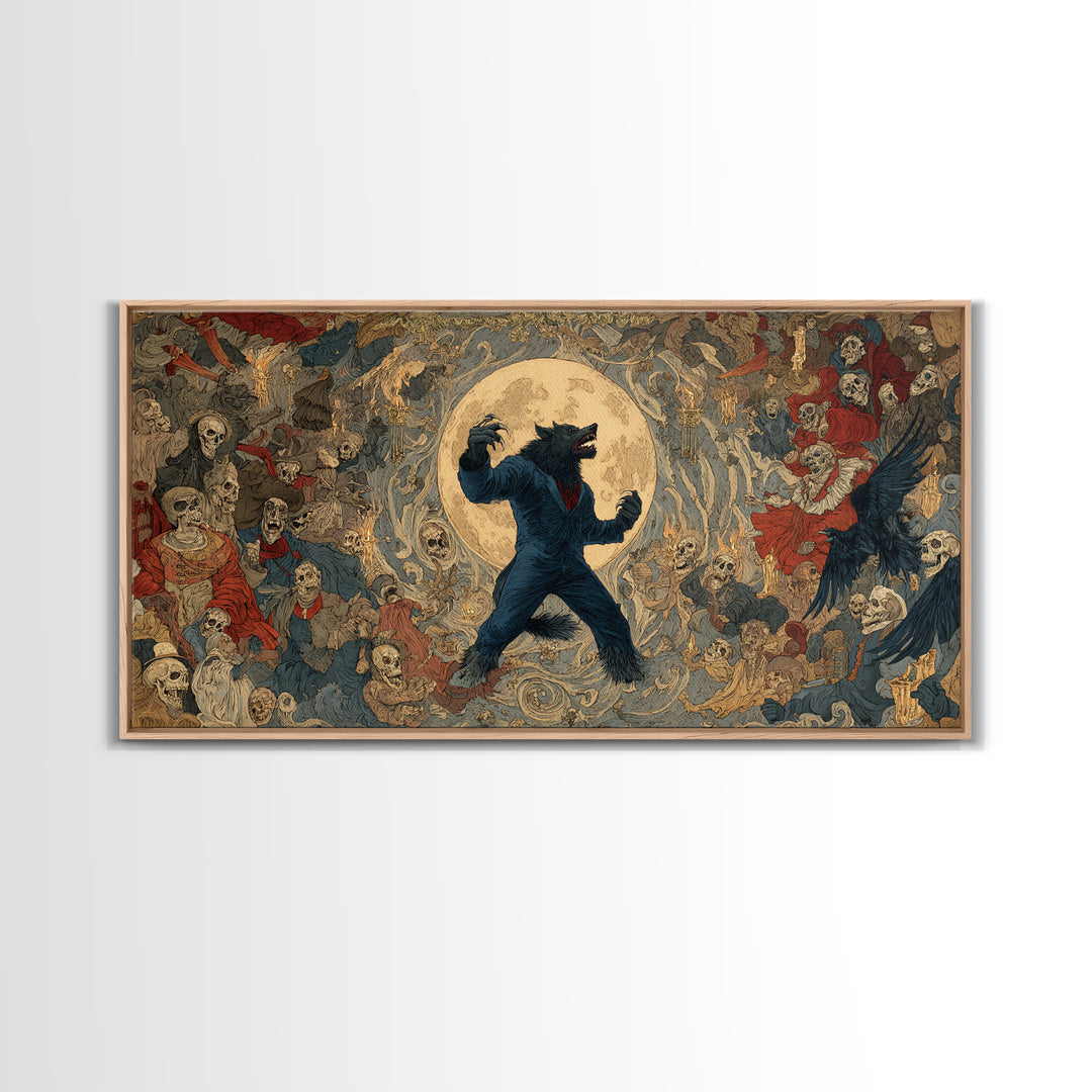 The Moon-Cursed Werewolf, Grotesque Carnival Art, Wide Panoramic Art, Dark Fantasy Wall Art, Canvas Print, Halloween Wall Art