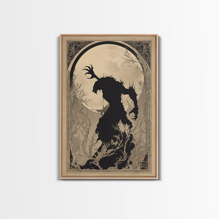 The Moon-Cursed Werewolf, Decadent Line Art, Vertical Wall Art, Dark Fantasy Wall Art, Framed Canvas Print, Halloween Wall Art