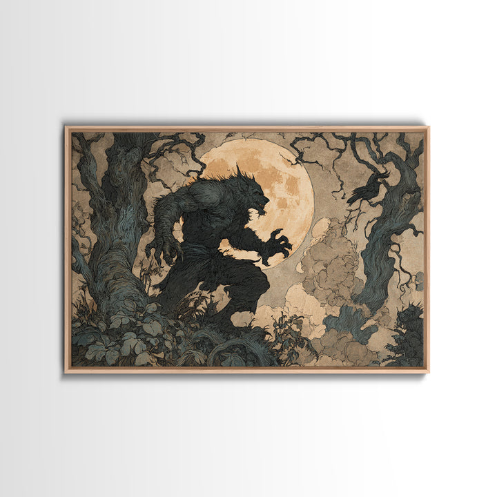 The Moon-Cursed Werewolf, Gothic Storybook Art, Landscape Wall Art, Dark Halloween Decor, Canvas Print, Halloween Wall Art