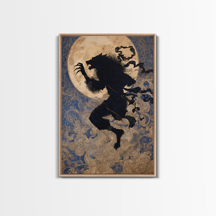 The Moon-Cursed Werewolf, Stained Glass Gothic Art, Vertical Wall Art, Dark Fantasy Wall Art, Framed Canvas Print, Halloween Wall Art