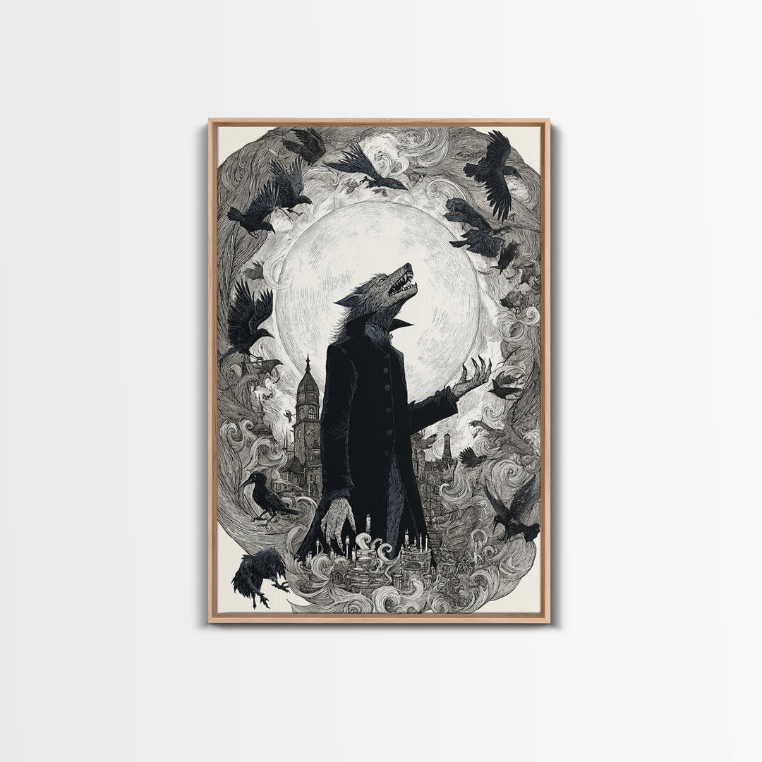 The Moon-Cursed Werewolf, Victorian Macabre Art, Vertical Wall Art, Gothic Horror Wall Art, Framed Canvas Print, Halloween Wall Art