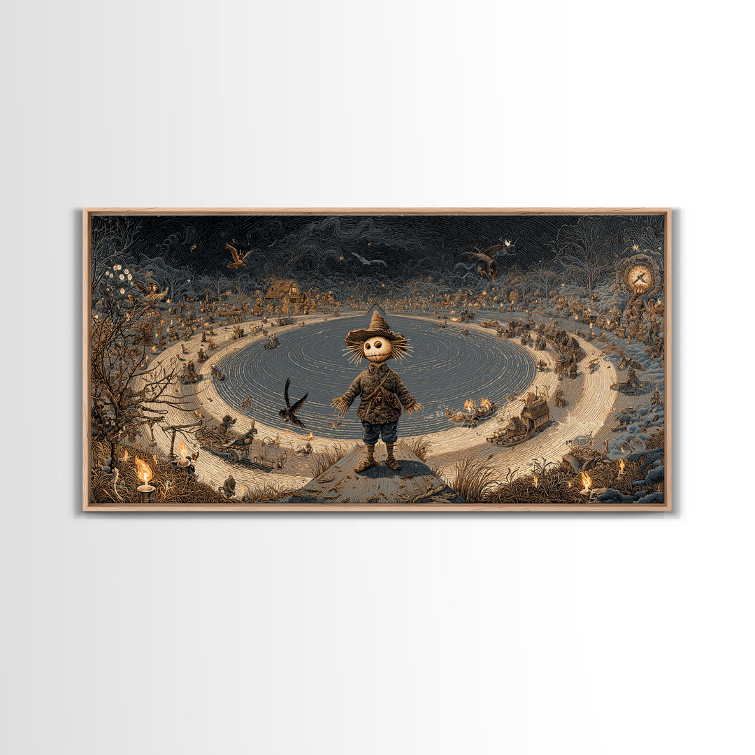 The Living Scarecrow, Northern Renaissance Horror, Wide Panoramic Art, Dark Fantasy Wall Art, Framed Canvas Print