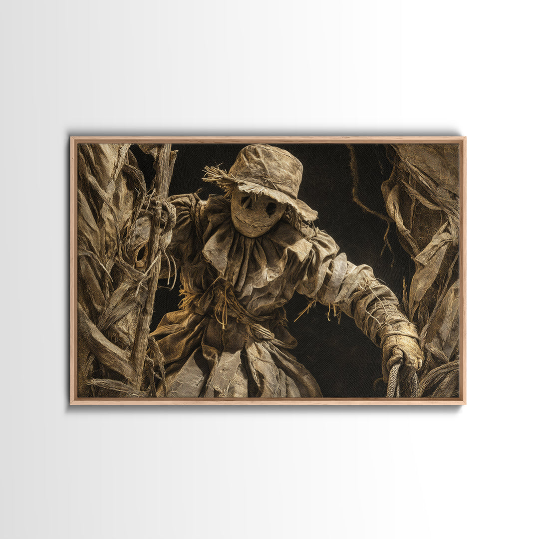 The Living Scarecrow, Architectural Etching Art, Landscape Wall Art, Dark Halloween Decor, Framed Canvas Print