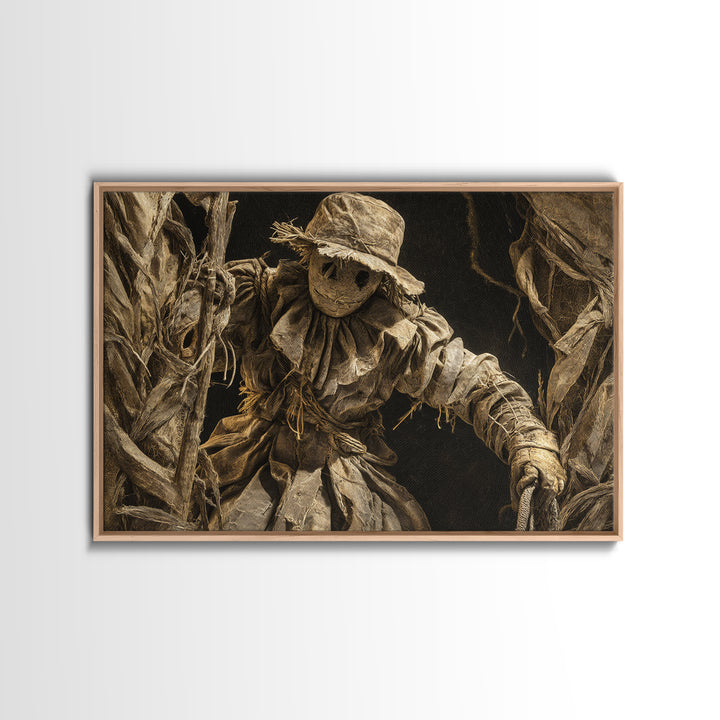 The Living Scarecrow, Architectural Etching Art, Landscape Wall Art, Dark Halloween Decor, Framed Canvas Print