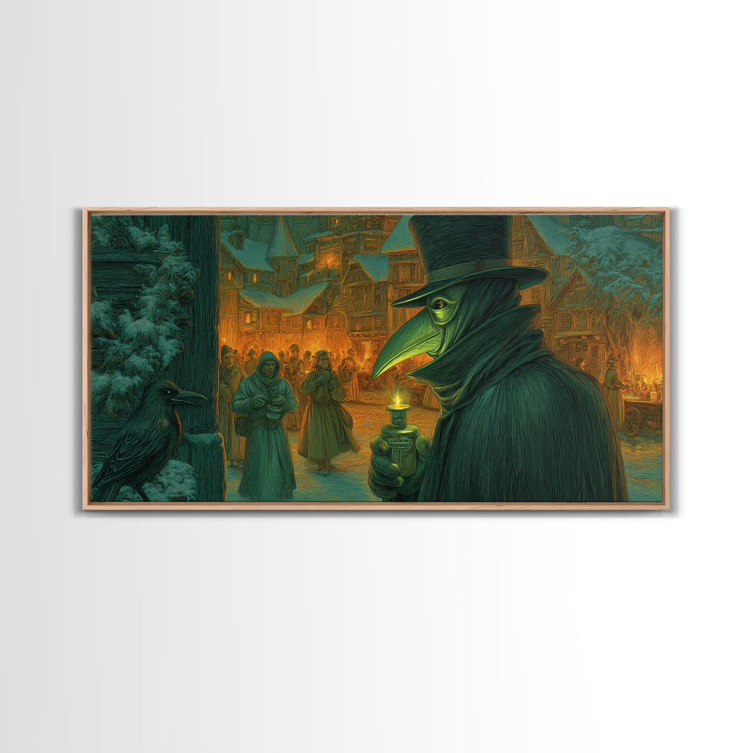 The Plague Doctor, Northern Renaissance Horror, Wide Panoramic Art, Dark Halloween Decor, Canvas Print, Halloween Wall Art