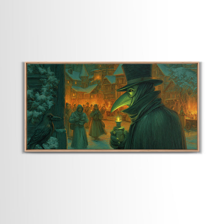 The Plague Doctor, Northern Renaissance Horror, Wide Panoramic Art, Dark Halloween Decor, Canvas Print, Halloween Wall Art