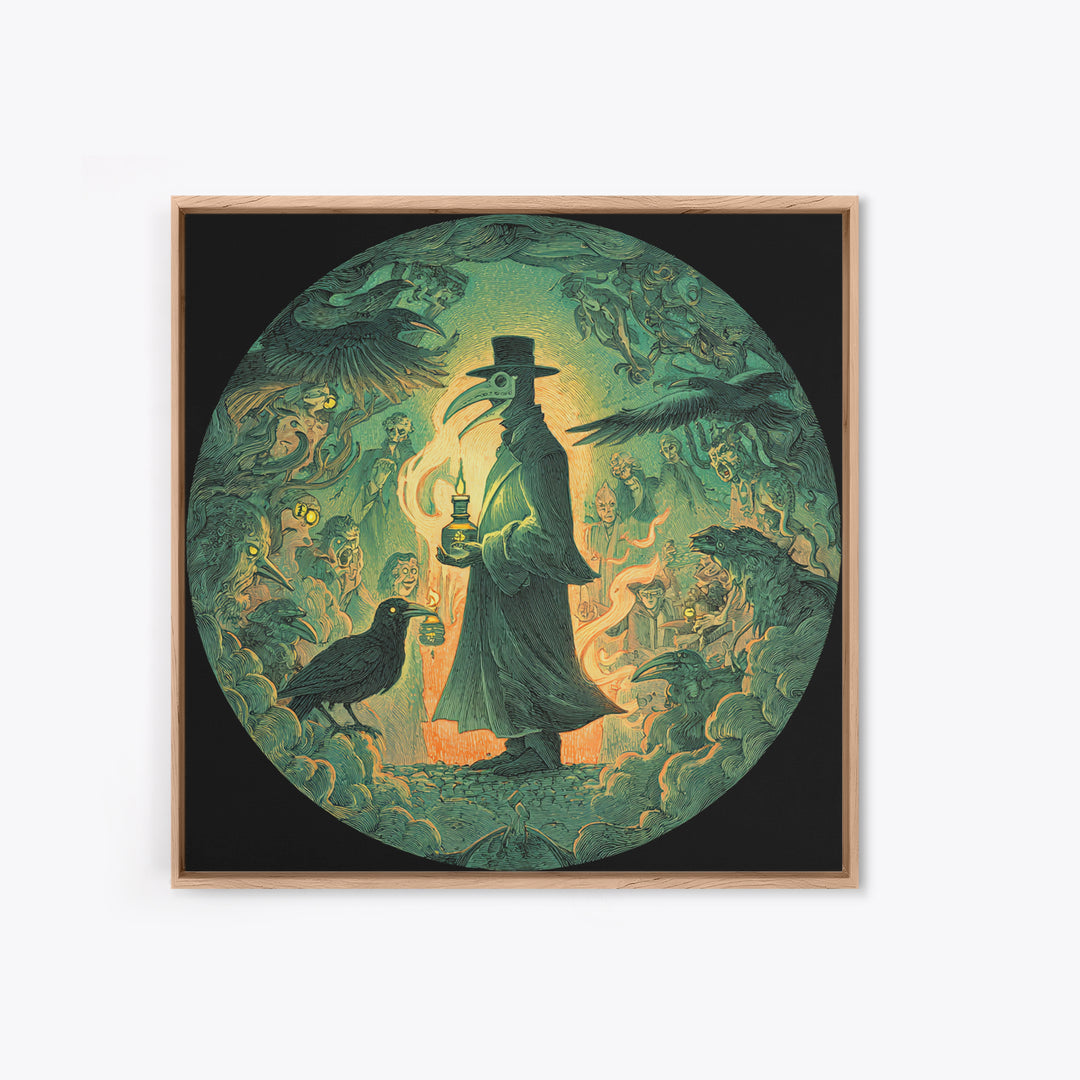 The Plague Doctor, Symbolist Etching Art, Square Wall Art, Dark Halloween Decor, Framed Canvas Print, Halloween Wall Art