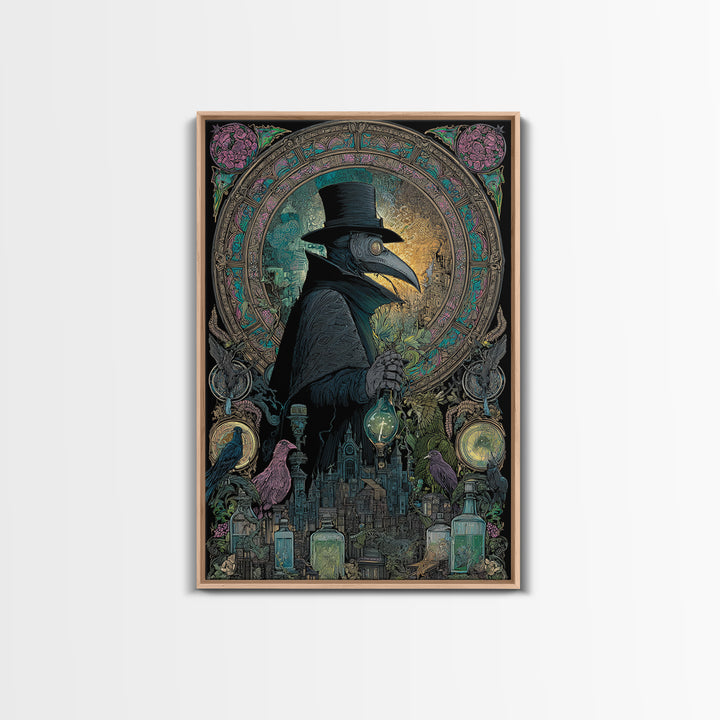 The Plague Doctor, Stained Glass Gothic Art, Vertical Wall Art, Gothic Horror Wall Art, Framed Canvas Print, Halloween Wall Art