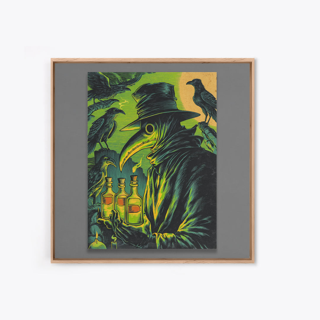 The Plague Doctor, Macabre Folk Print Art, Square Wall Art, Dark Halloween Decor, Framed Canvas Print, Halloween Wall Art