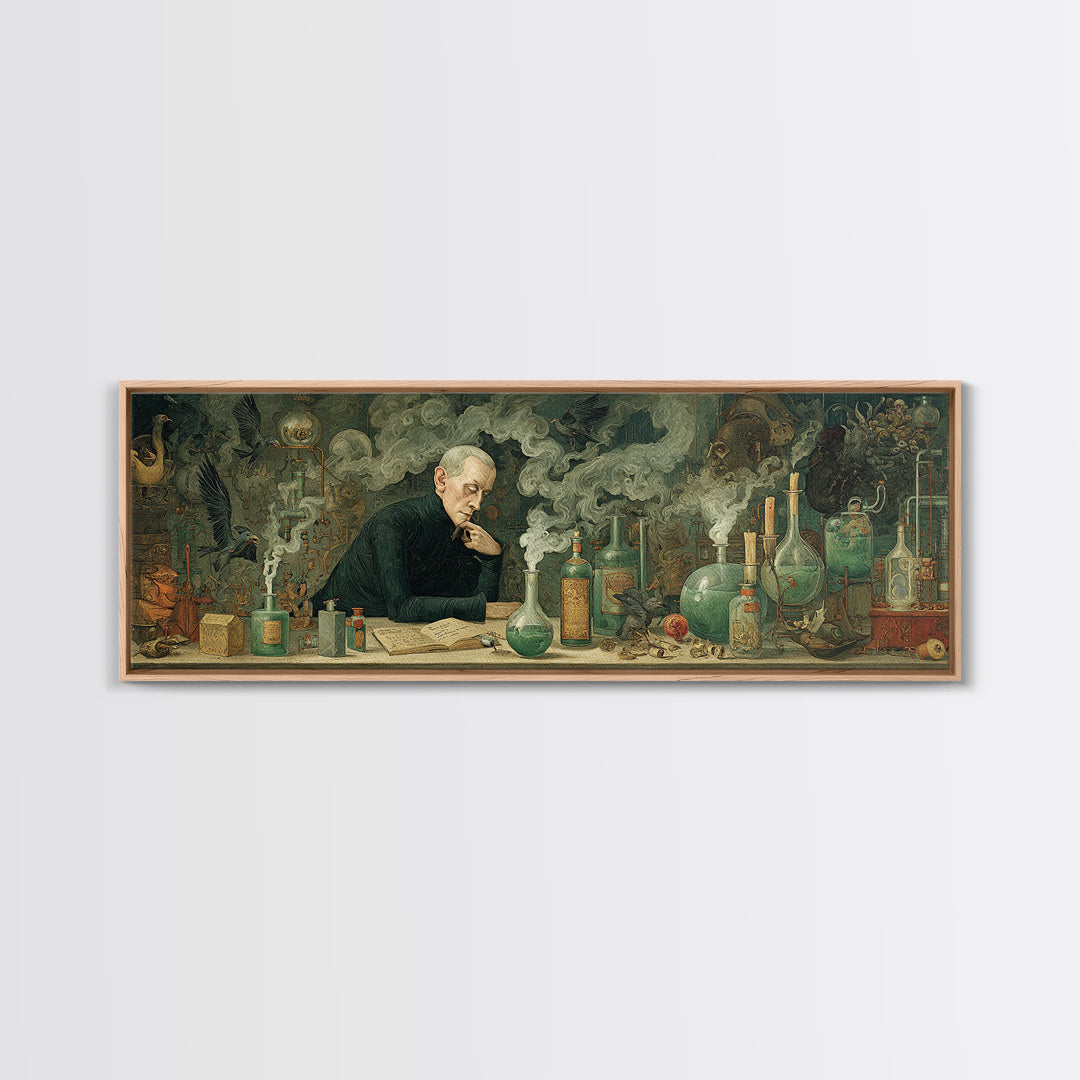 The Mad Alchemist, Medieval Grotesque Art, Extra Wide Wall Art, Dark Halloween Decor, Framed Canvas Print, Halloween Wall Art