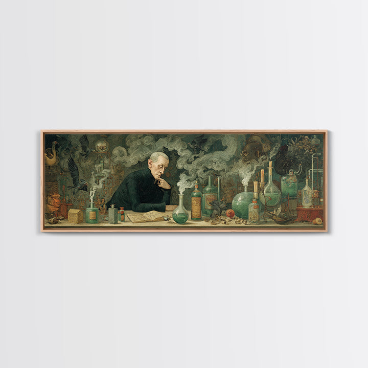 The Mad Alchemist, Medieval Grotesque Art, Extra Wide Wall Art, Dark Halloween Decor, Framed Canvas Print, Halloween Wall Art