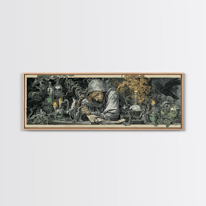 The Mad Alchemist, Renaissance Engraving Art, Extra Wide Wall Art, Dark Halloween Decor, Framed Canvas Print, Halloween Wall Art