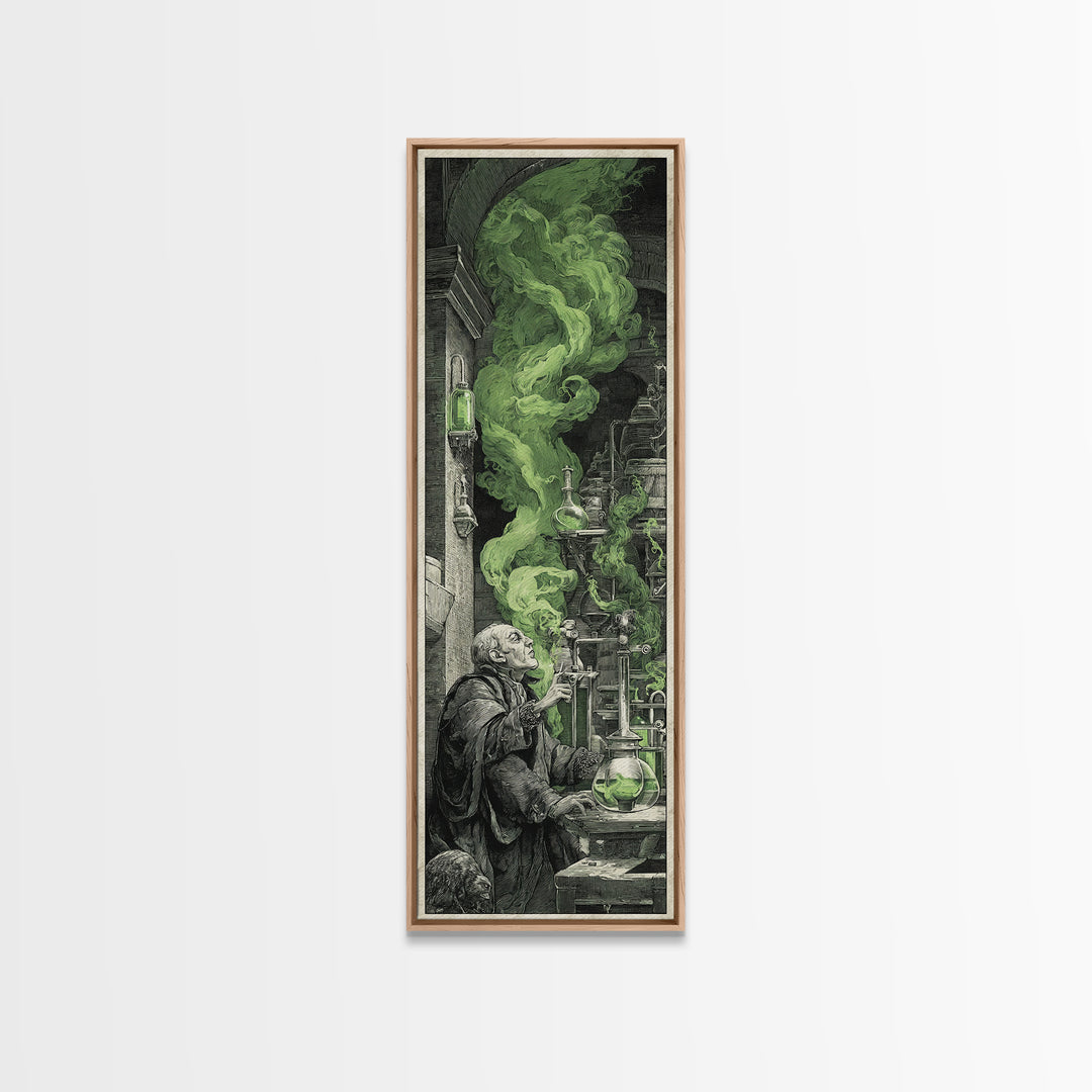 The Mad Alchemist, Architectural Etching Art, Tall Narrow Wall Art, Dark Halloween Decor, Framed Canvas Print