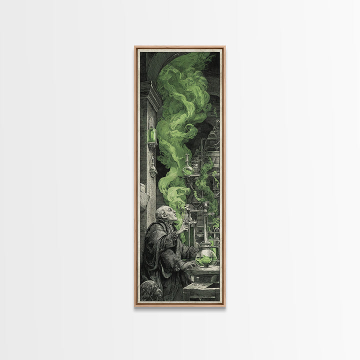 The Mad Alchemist, Architectural Etching Art, Tall Narrow Wall Art, Dark Halloween Decor, Framed Canvas Print