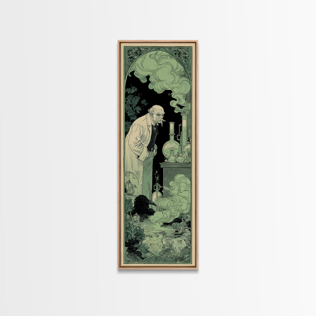 The Mad Alchemist, Decadent Line Art, Tall Narrow Wall Art, Gothic Horror Wall Art, Framed Canvas Print, Halloween Wall Art