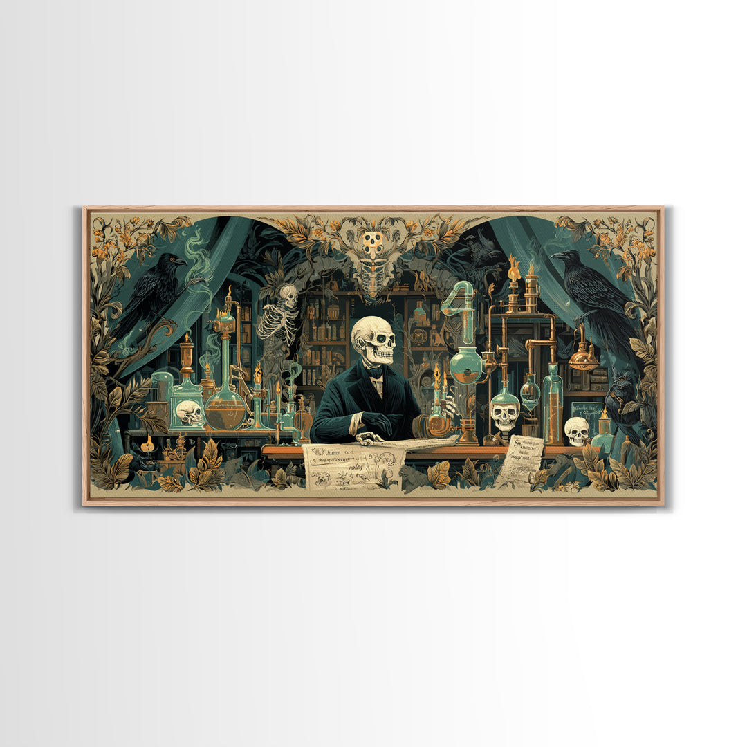 The Mad Alchemist, Macabre Folk Print Art, Wide Panoramic Art, Dark Halloween Decor, Framed Canvas Print, Halloween Wall Art